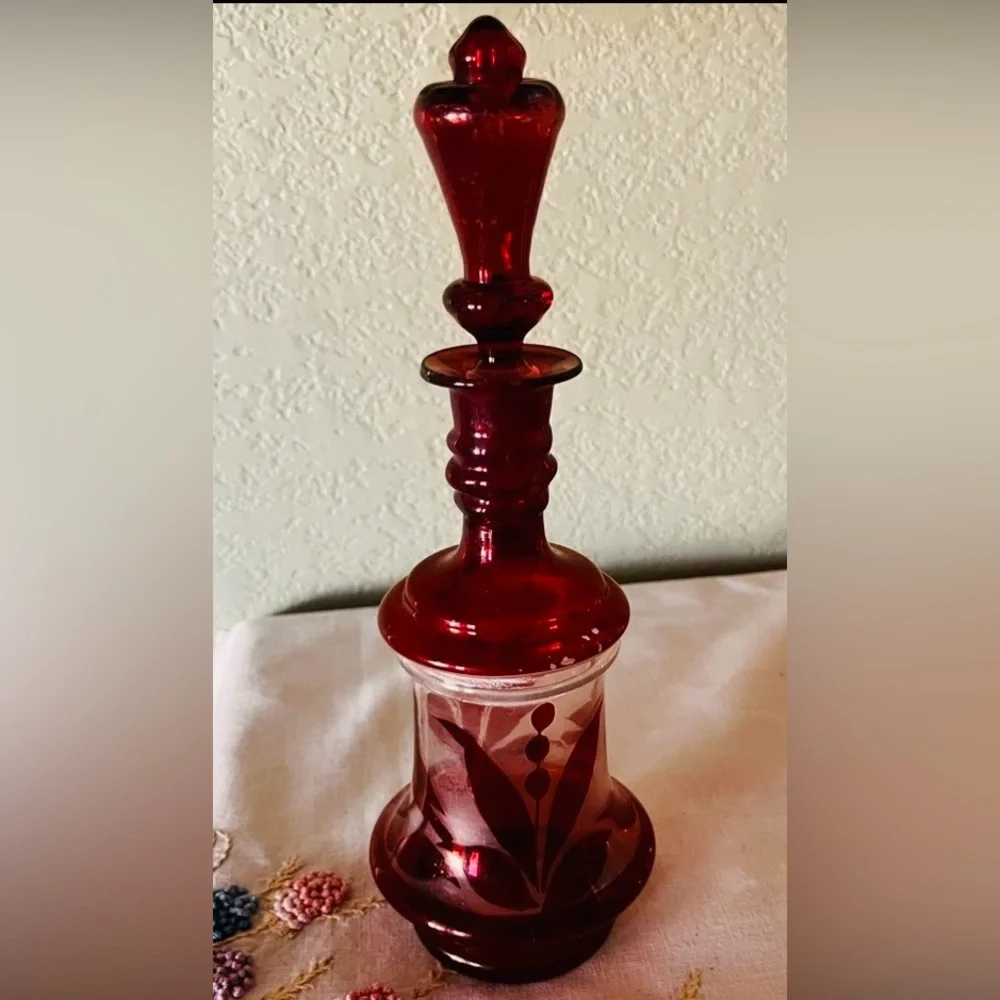 Vintage Ruby Red Decanter with Stopper Bohemian Style Glass Floral Etched Design